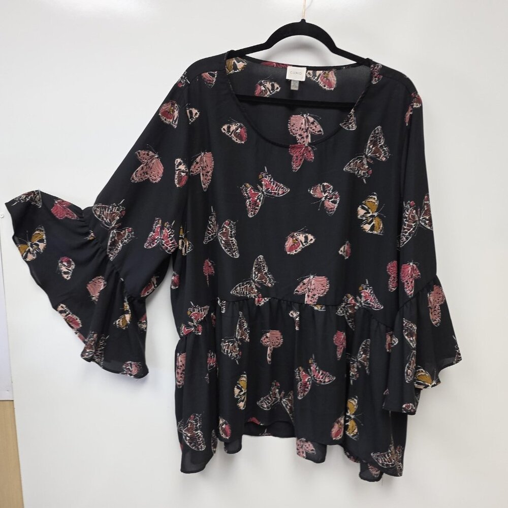 Cupio Shirt Womens 3X Black Butterfly Print Scoop Neck Bell Sleeve Tunic Top